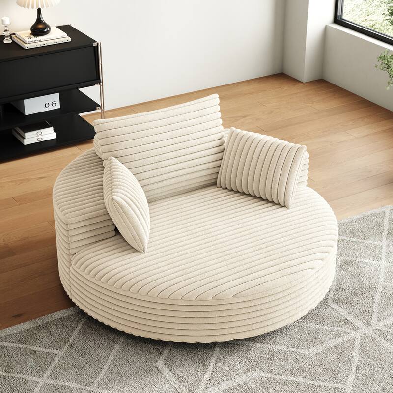 Oversized Swivel Accent Chair, Corduroy Round Lounge Sofa Chair, Upholstered Reading Armchair with Back Cushion & 2 Pillows