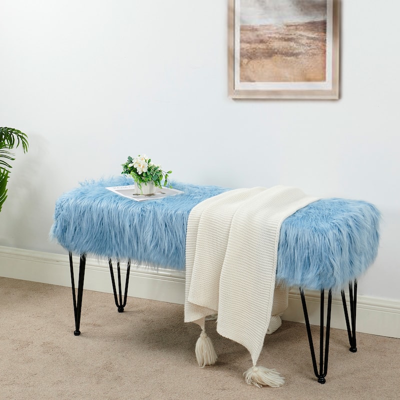 Home Soft Things Mongolian Fauxfur Ottoman 46"x16"x22" with Table Legs - 46" x 16" x 22" - Forget Me Not