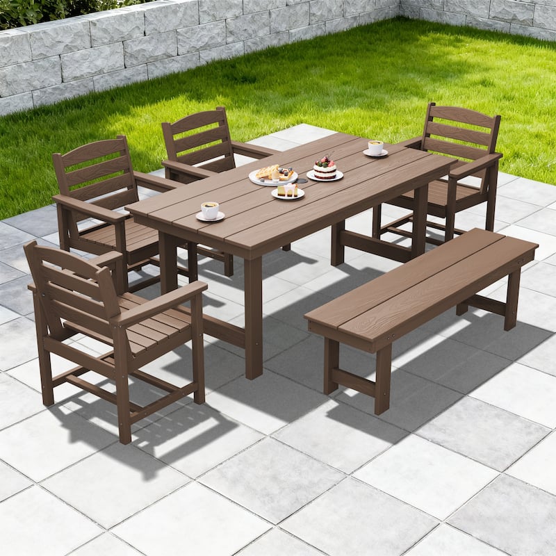6-Piece HDPE Outdoor Dining Table Sets with Umbrella Hole - 1-Table 4-Chairs-1-Bench