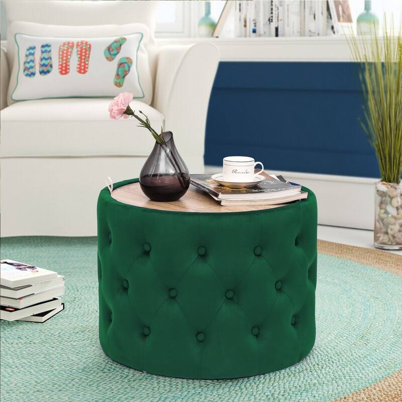 Adeco Round Storage Ottoman Coffee Table Velvet Wooden Lid Foot Stool