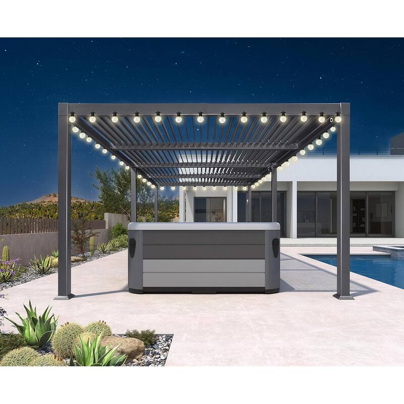 PURPLE LEAF Sun Shade Louvered Pergola with Light - Adjustable Metal Roof for Outdoor Patio - 11.4' x 23.3' - Grey(With Light)