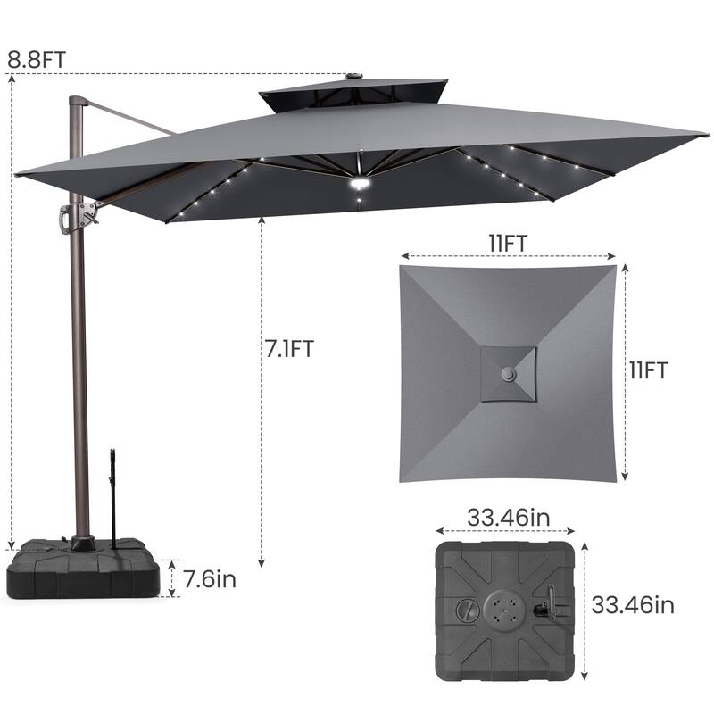 11 ft Outdoor Aluminum Dual Top Solar Powered LED Patio Cantilever Umbrella and Weighted Base with Wheels and Drag Rod