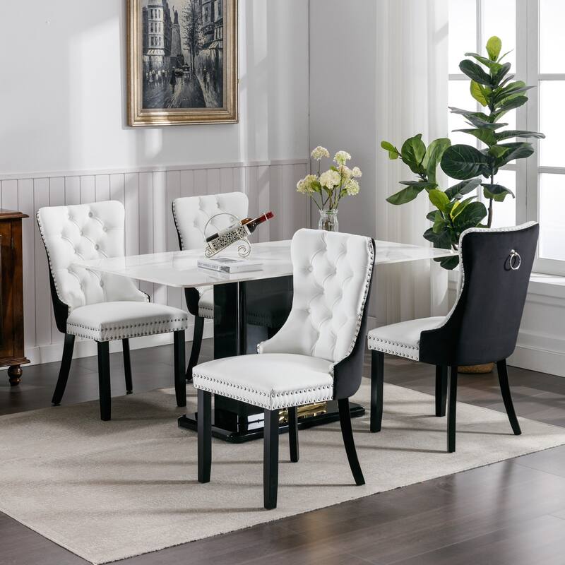 Modern, High-end Tufted Solid Wood PU and Velvet Upholstered Dining Chair with Wood Legs Nailhead Trim 2-Pcs Set