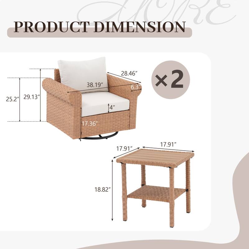 Outdoor 3-Pieces Swivel PE Rattan Patio Conversation Set