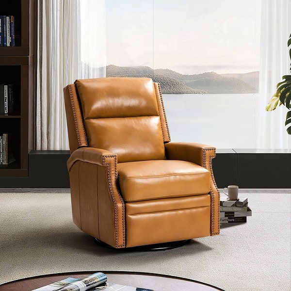 slide 2 of 102, Echidna Transitional Genuine Leather Swivel Rocker Nursery Chair with Nailhead Trim by HULALA HOME CAMEL