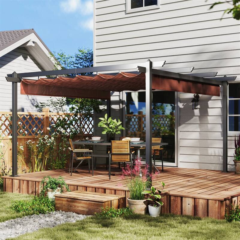 Brown Retractable Canopy Pergola with Aluminum Frame and 180g Polyester Fabric UPF 30 Plus for Patio Garden