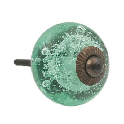 Green Glass Bubbles Round, Bronze Hardware - Set of 6