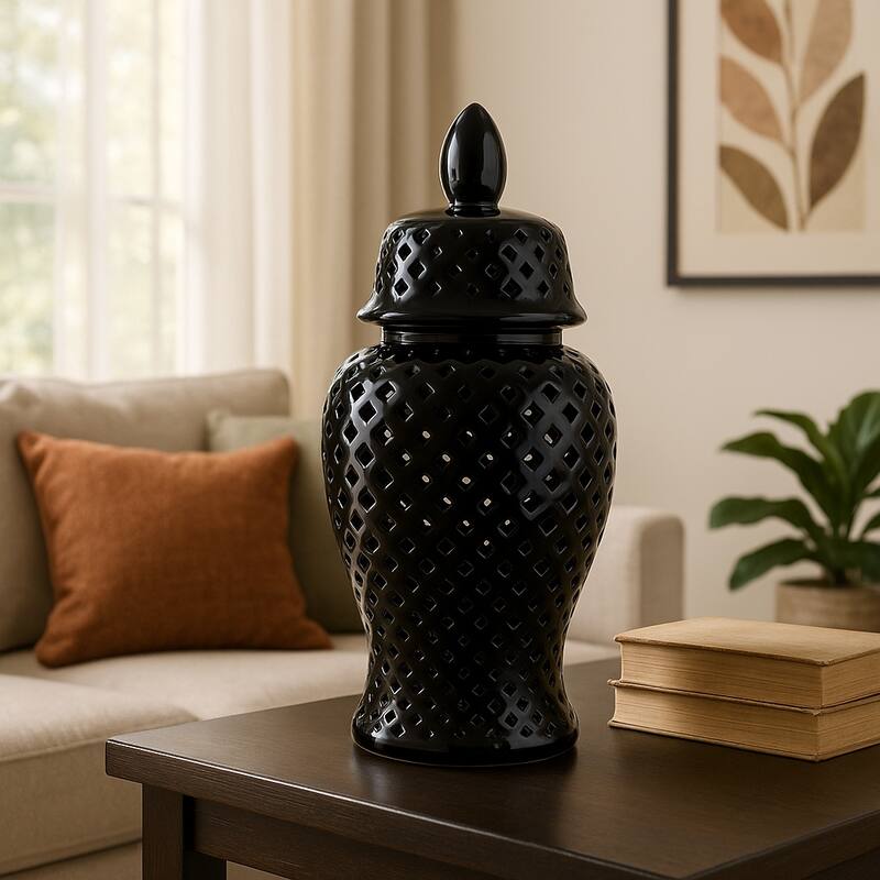 Modern Decorative Jar with Glossy Ceramic and Pierced Cutout Desig