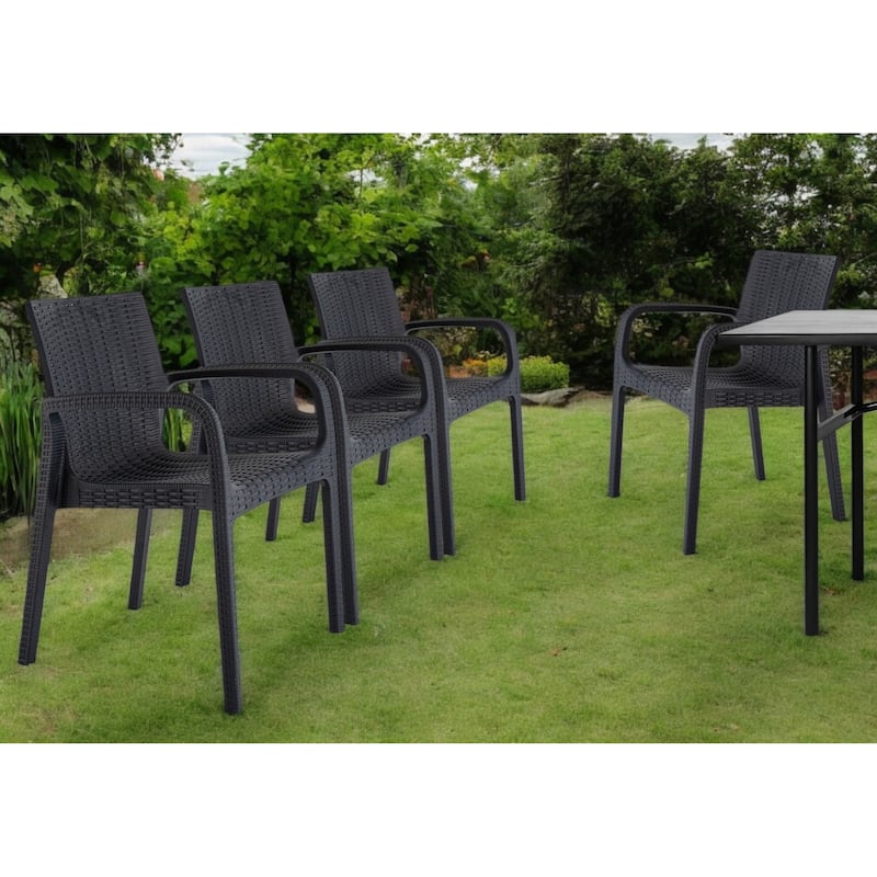 HomeRoots Set of Two Black Faux Rattan Heavy Duty Plastic Outdoor Stacking Arm Chairs - Black