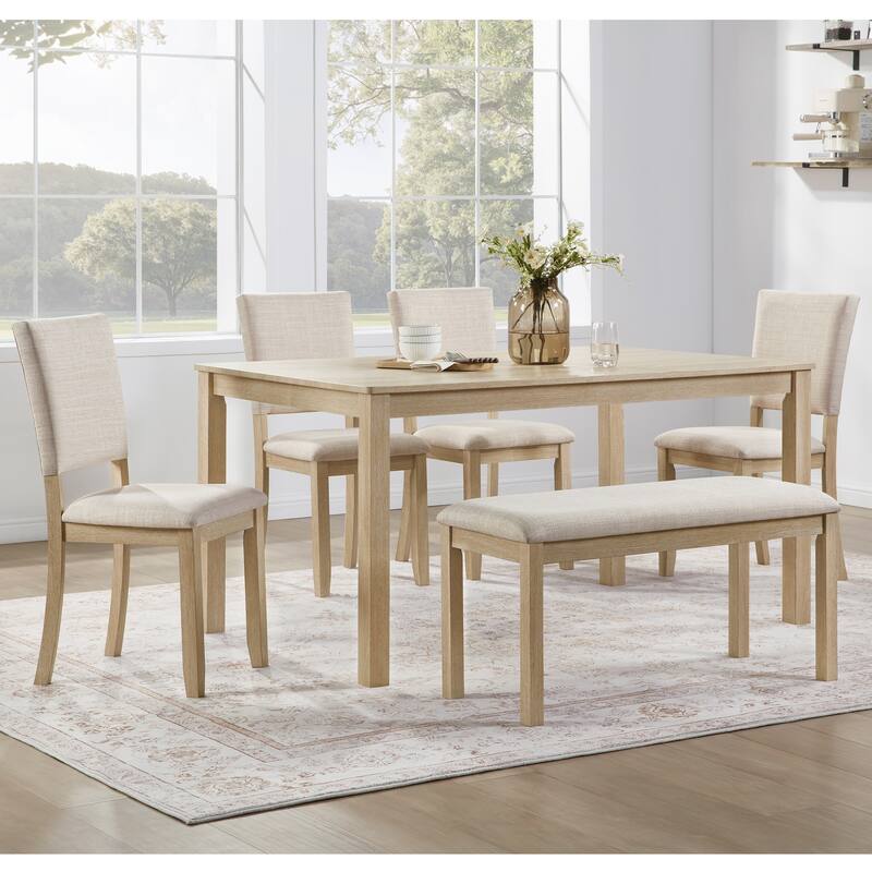 6 Piece Dining Table Set with Bench, Wooden Rectangular Kitchen Table Set with Bench and 4 Upholstered Chairs