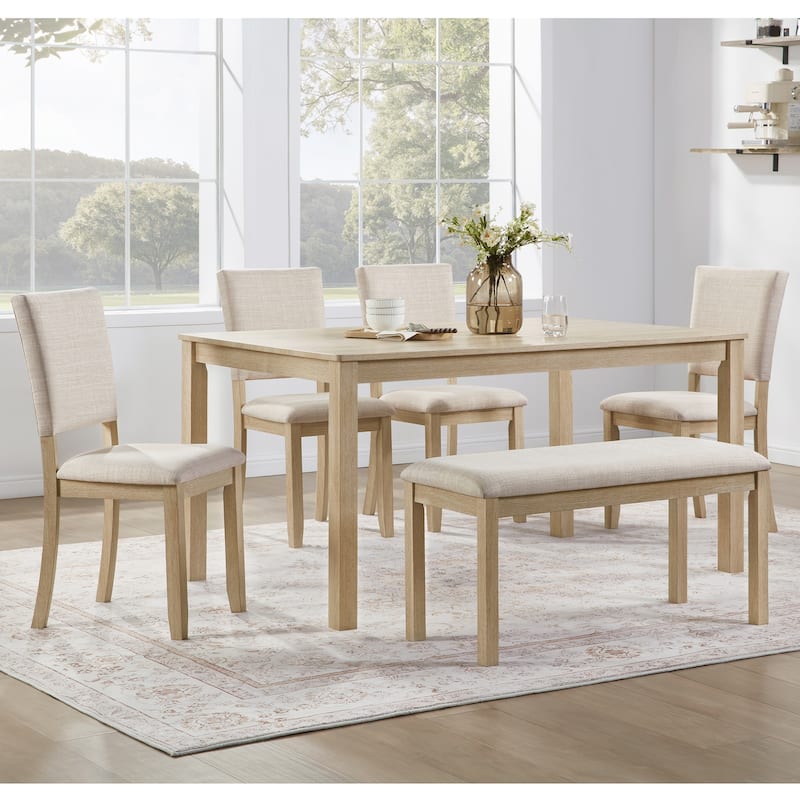 GDFStudio - Dalton 6-Piece Transitional Wooden Rectangular Dining Table Set with 4 Upholstered Chairs and 1 Bench - Beige,Light Oak