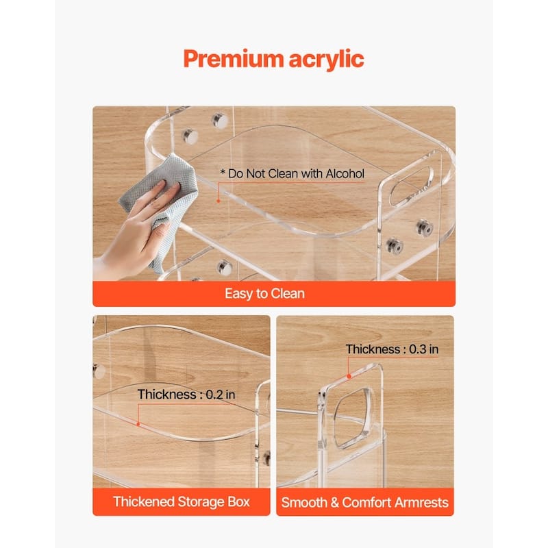 Clear Acrylic 2-Tier Side Table with Lockable Wheels and Transparent Storage - 12 x 16.3 x 18.9 in