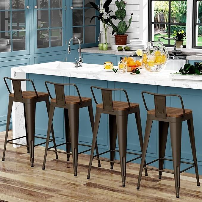 Counter & Bar Stools with Metal Frame Kitchen Stools with Low Back Kitchen Bar Furniture Stools with Square Wooden Seat