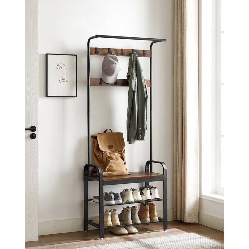 72" Tall Rustic Brown Hall Tree with Shoe Bench Coat Rack Hanging Rod and Storage Shelves - 13.3"D x 28.3"W x 72.1"H