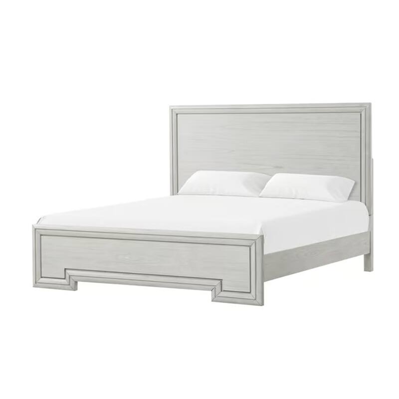 Basil King Size Bed, Rustic White Solid Wood, Transitional Panel Design