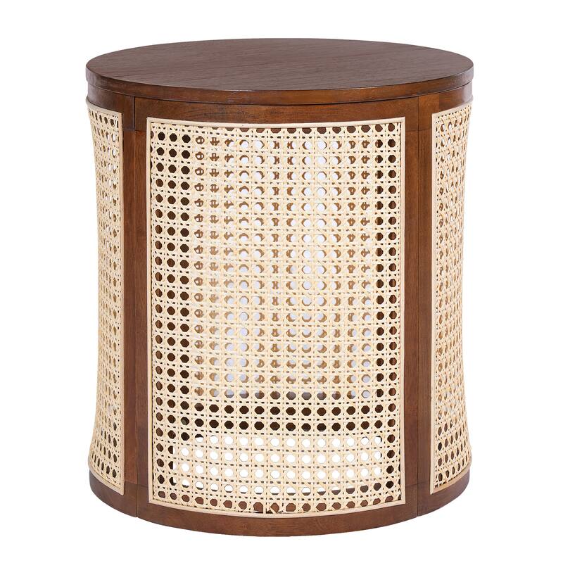Rattan Tea Desk Round End Table Hollow Woven Side Table Chic Accent Table with Round Wood Tabletop and Flip Top Storage