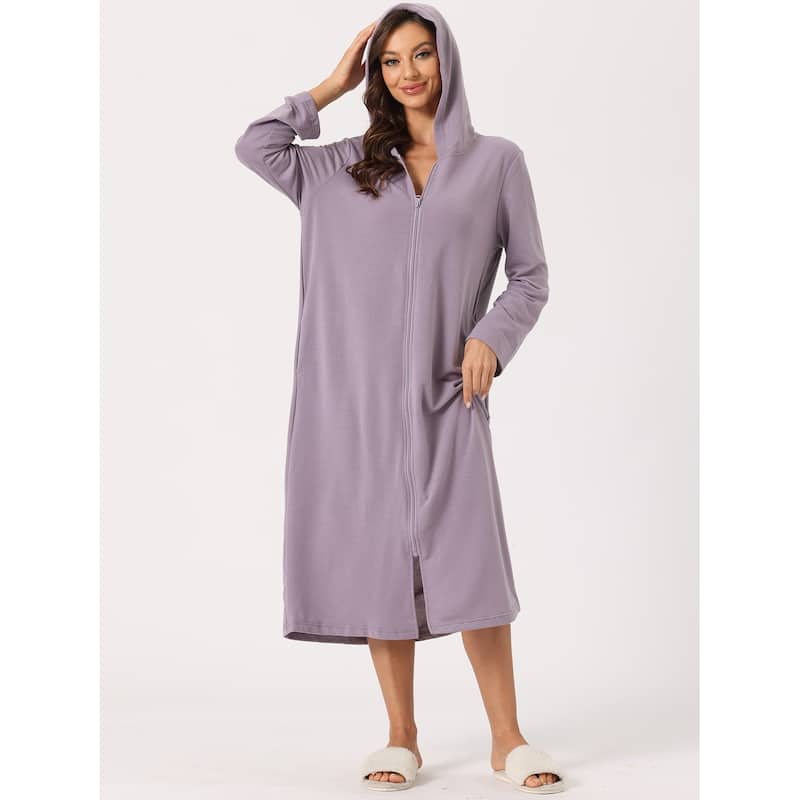 Women's Zip Robe Hooded Long Sleeve Bathrobe Housecoat with Pockets - Purple - M