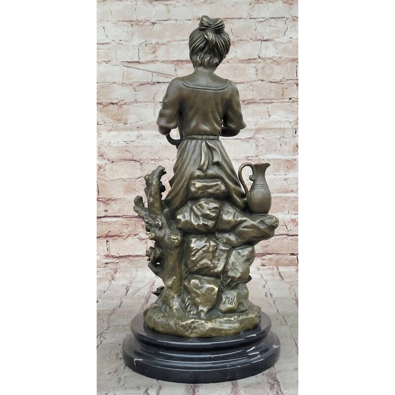 Classical Young Girl W/ Lyre Harp- Greek Roman Decor Bronze Sculpture By Milo