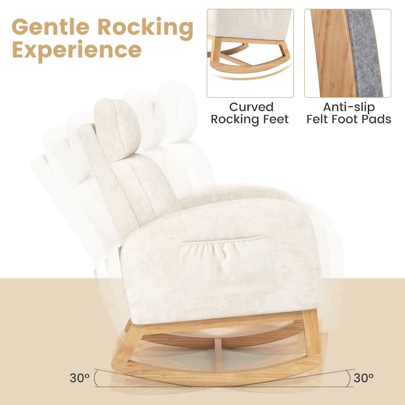 Beige Rubber Wood Rocking Chair with Chenille Fabric, Side Pocket and Ergonomic Design - 36” x 27.5” x 43” (L x W x H)