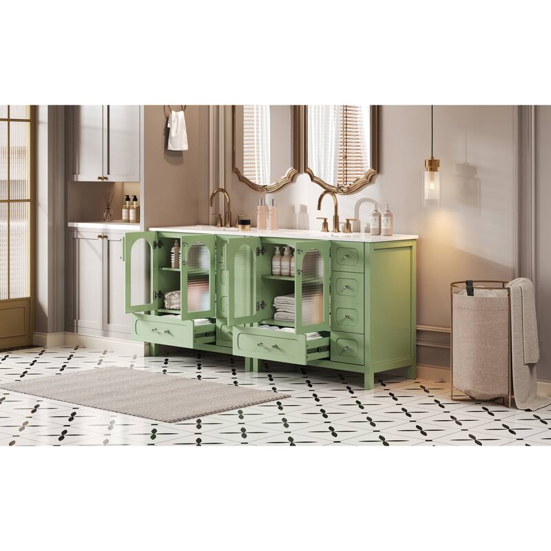 72" Bathroom Cabinet With Waffle Texture Doors,Vanity With 8 Drawers,Four Soft-Closing Doors And Double Sink Top