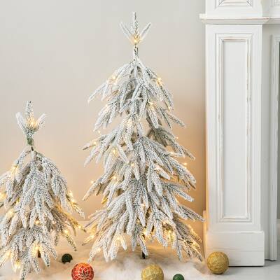 Glitzhome 2ft or 3ft Pre-Lit Downward Wrapped Flocked Pine Artificial Christmas Tree With Warm White Lights (Timer Included)