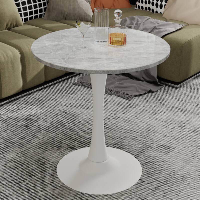 27.6" Mid-Century Modern Style Dining Table, Accommodates 2-4 People, Featuring A Round Light Gray Textured Marble Tabletop - Grey+White