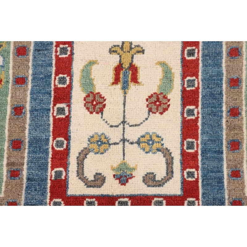Blue Geometric Kazak Area Rug Hand-Knotted Wool Carpet - 4'2" x 5'11"