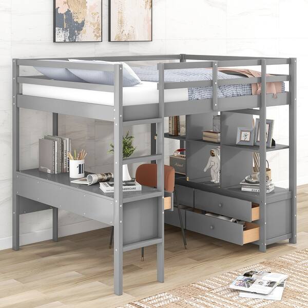 slide 2 of 36, Full Loft Bed with Desk, Drawers & Shelves - Space-Saving Pine Wood Design Gray