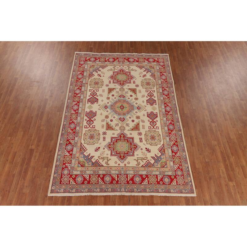Oriental / Geometric Kazak Area Rug Hand-Knotted Wool Carpet - 6'6" x 9'8"