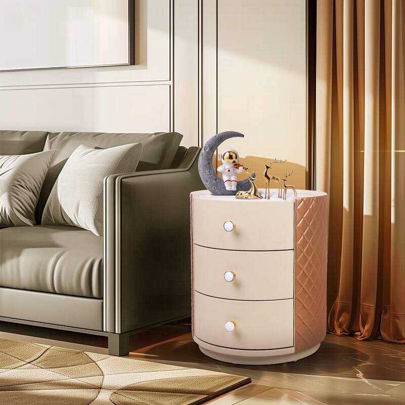 Round Bedroom Nightstand Table with 3 Drawers Sintered Stone-top