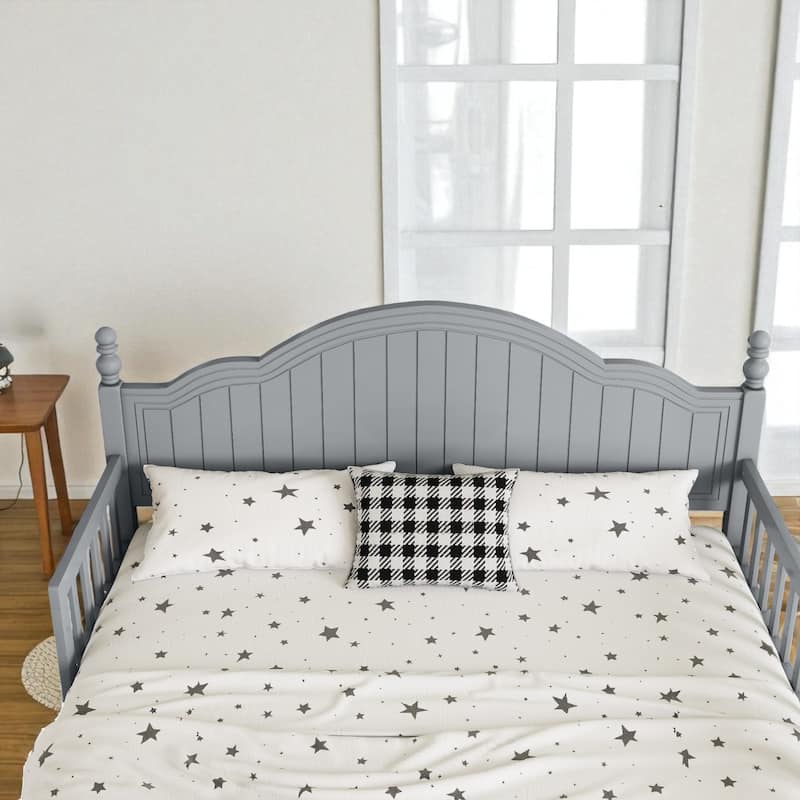 Twin/Full Size Wooden Kids Bed with Headboard, Footboard, Guardrails and Storage, Platform Bed Frame