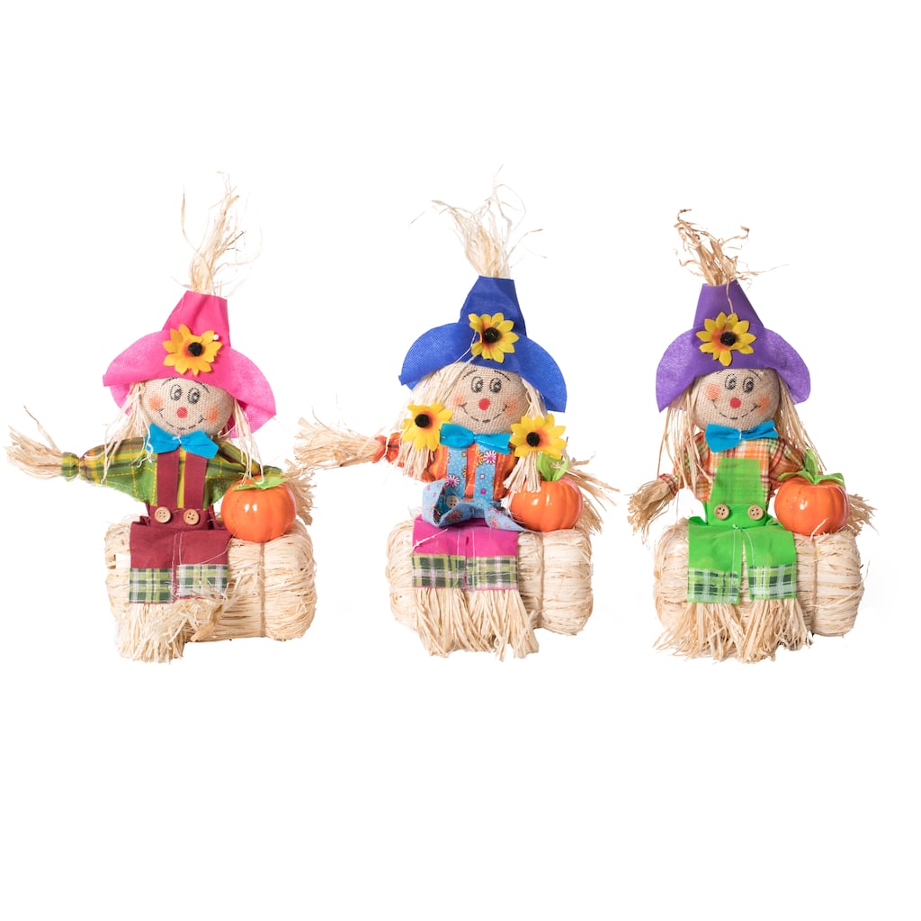 Gardenised 12 Inch Sitting on Straw and Hay Bales Multicolor Trio Scarecrows for Halloween, Fall and All-Season Garden Decor