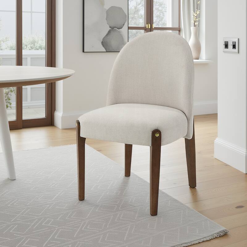 Gamo Set of 2 Side Dining Chair, Brown Rubberwood, Soft White Fabric