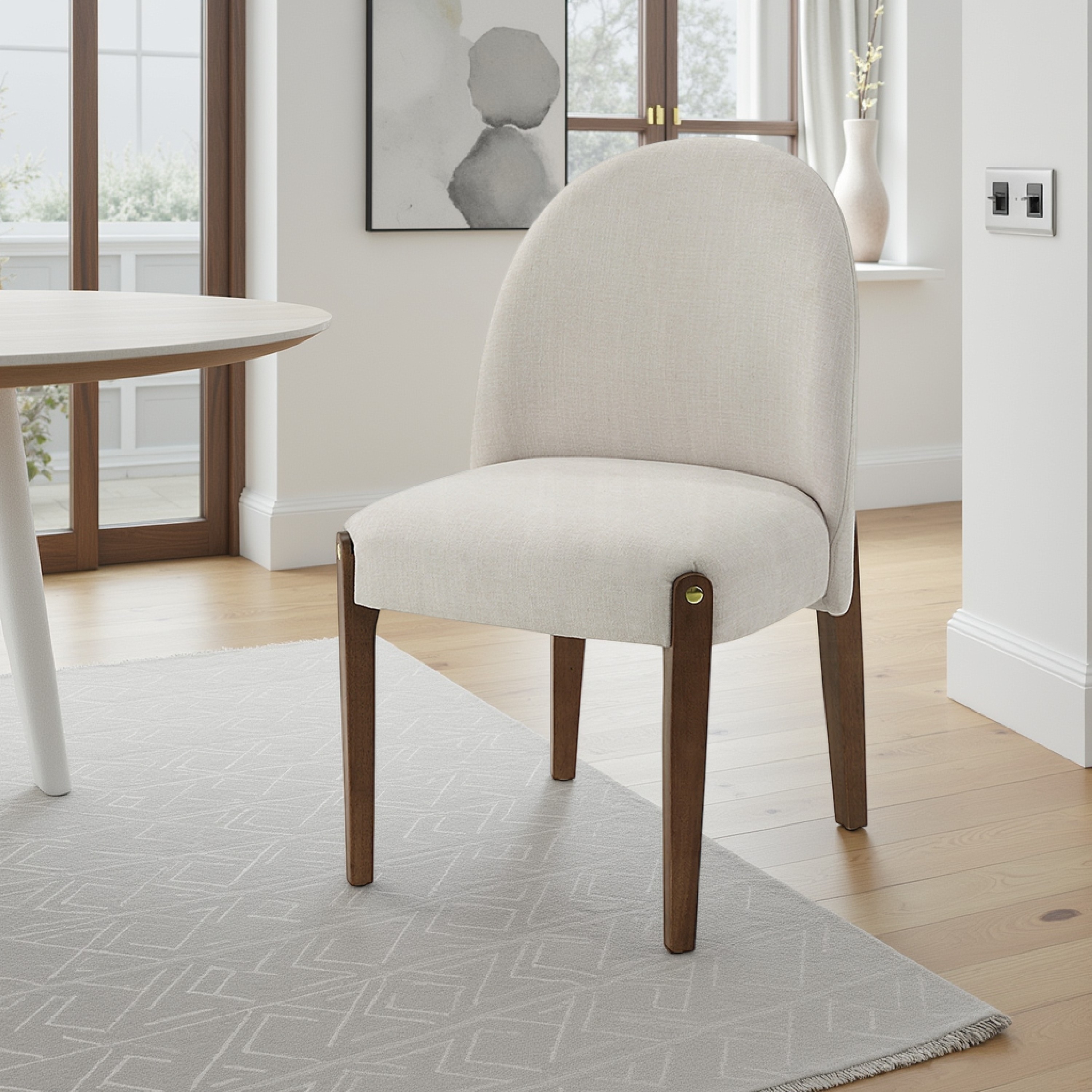 Gamo Set of 2 Side Dining Chair, Brown Rubberwood, Soft White Fabric