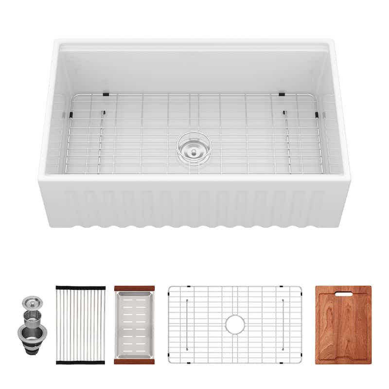 33" White Farmhouse Kitchen Sink Workstation - White Porcelain Ceramic Sngle Bowl Reversible Design Kitchen Sink