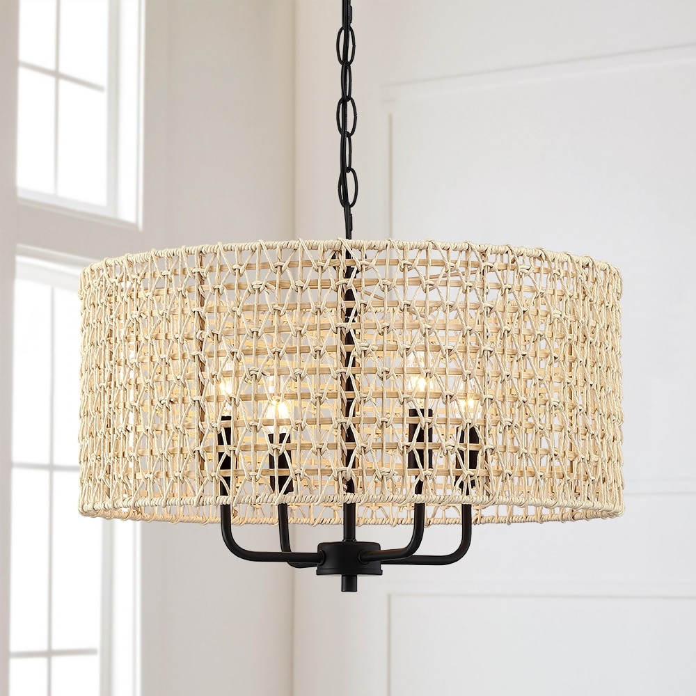 20 in. 4-Light Rattan Drum Chandelier Light with Black Canopy - 4-Light 20