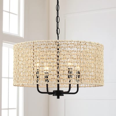 20 in. 4-Light Rattan Drum Chandelier Light with Black Canopy - 4-Light 20" W