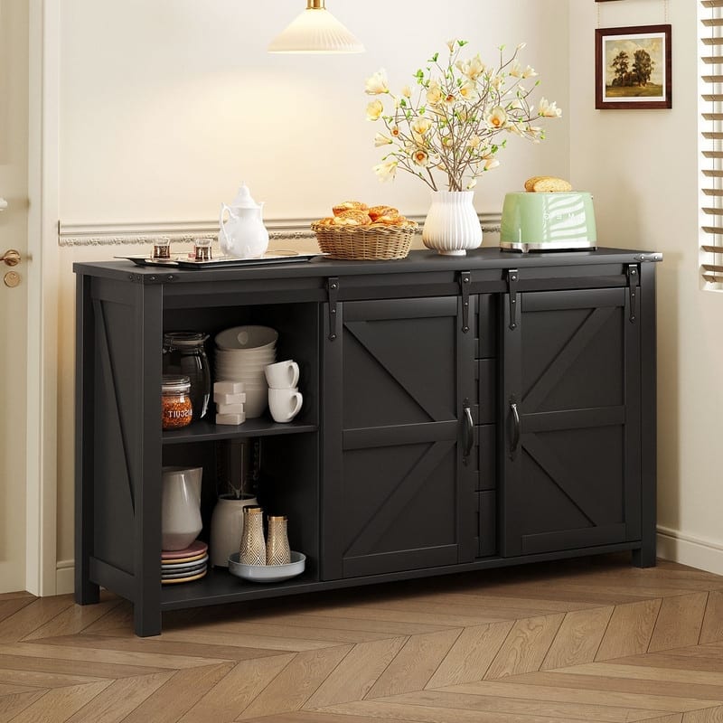 Farmhouse 55.1" Sideboard with Sliding Barn Doors and Storage Drawers, Wood Buffet Table with Power Outlet