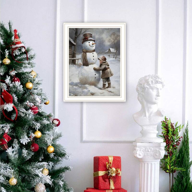 Framed Wall Art - Finishing Touch on the Snowman, White Frame