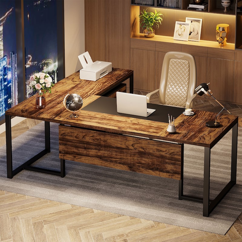 70.8’’ Executive Desk with File Cabinet, Large L-Shaped Office Executive Desk Computer Desk
