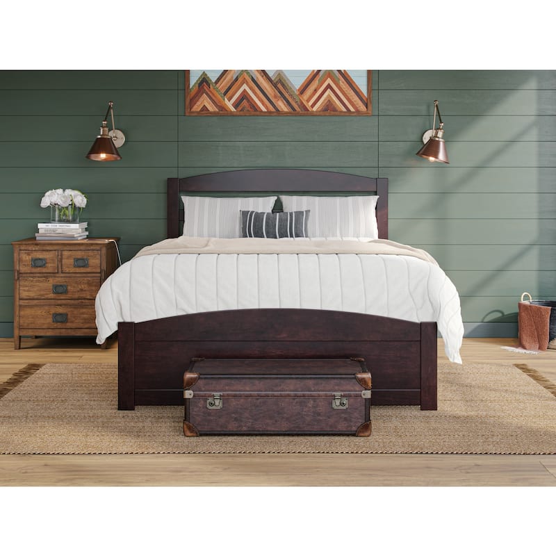 Rustic Queen Platform Bed - Solid Wood Bed Frame with Footboard & Charging Station, Espresso Finish