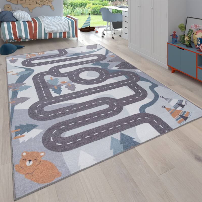 Kids Rug Mountain Road with Bears & Trees - Non Slip Playmat in Blue - 5'3" x 7'3"