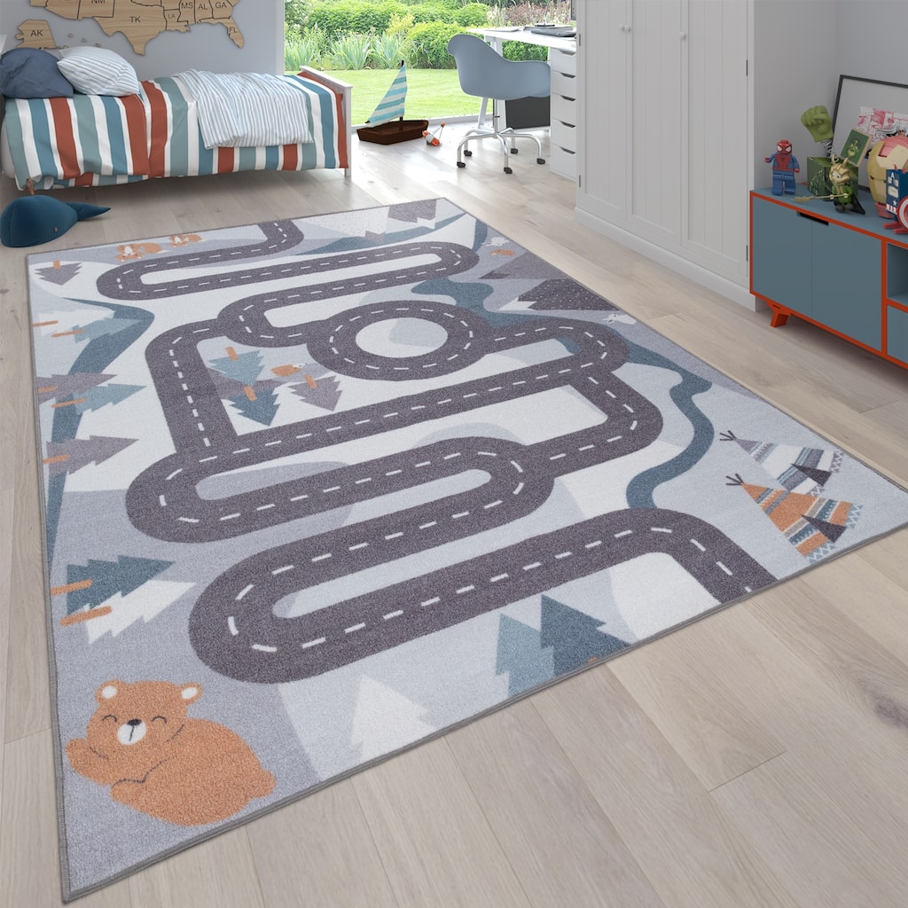 Kids Rug Mountain Road with Bears & Trees - Non Slip Playmat in Blue