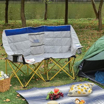 Outsunny Double Seat Camping Chair Folding Lawn Loveseat w/ Storage Pocket & Cup Holder Compact for Outdoor, Beach, Picnic