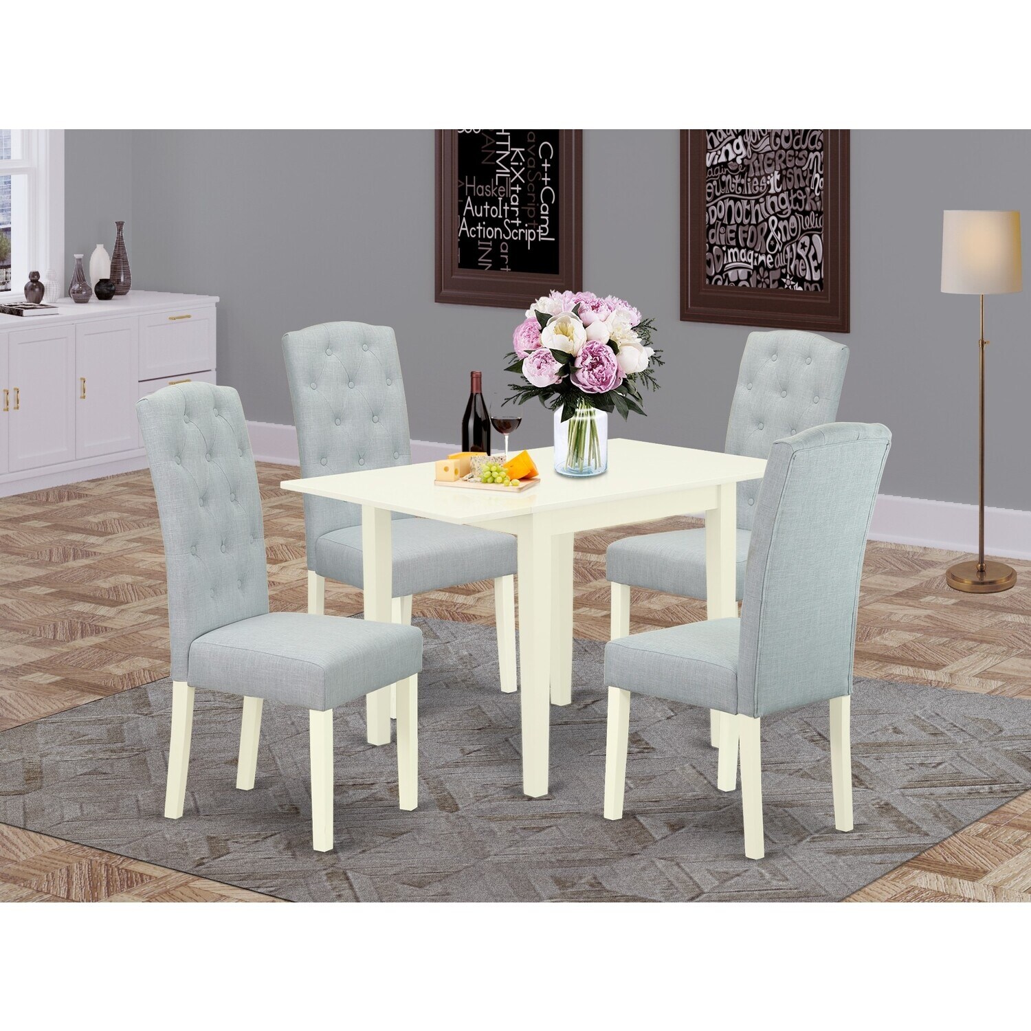 5-Piece Linen White Finish Solid Wood Top - Dining Room Set - Seats 4