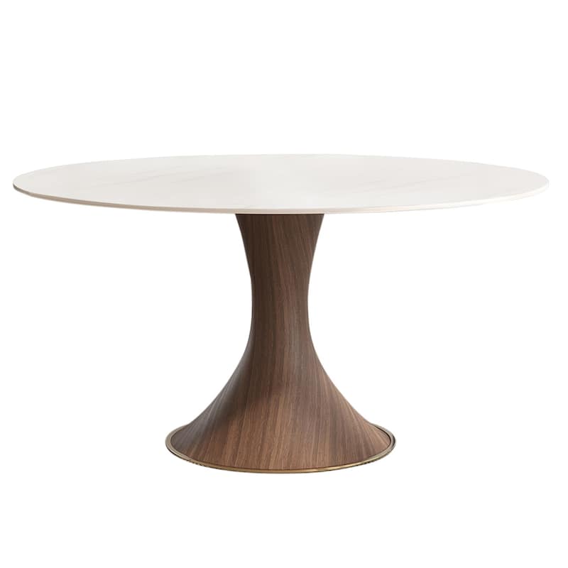 Modern Round Stone Top Black Woodgrain Pedestal Dining Table - 4 Seats - White