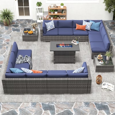 15 Piece Wicker Set Patio Sofa Furniture with Fire Pit And Table