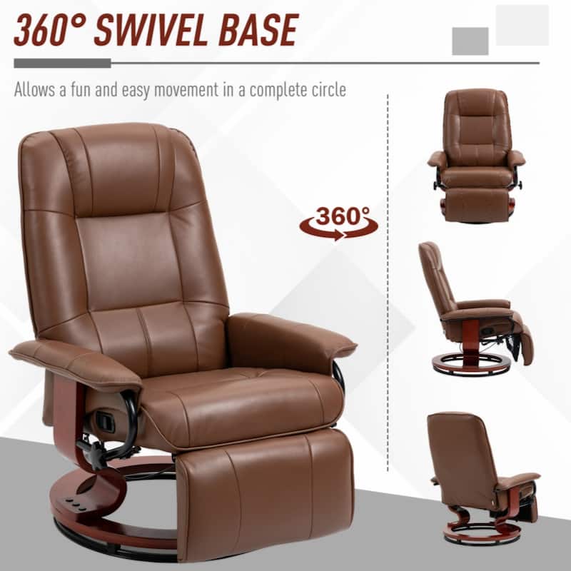 Faux Leather Manual Recliner, Adjustable Swivel Lounge Chair with Footrest, Armrest and Wrapped Wood Base for Living Room,Brown