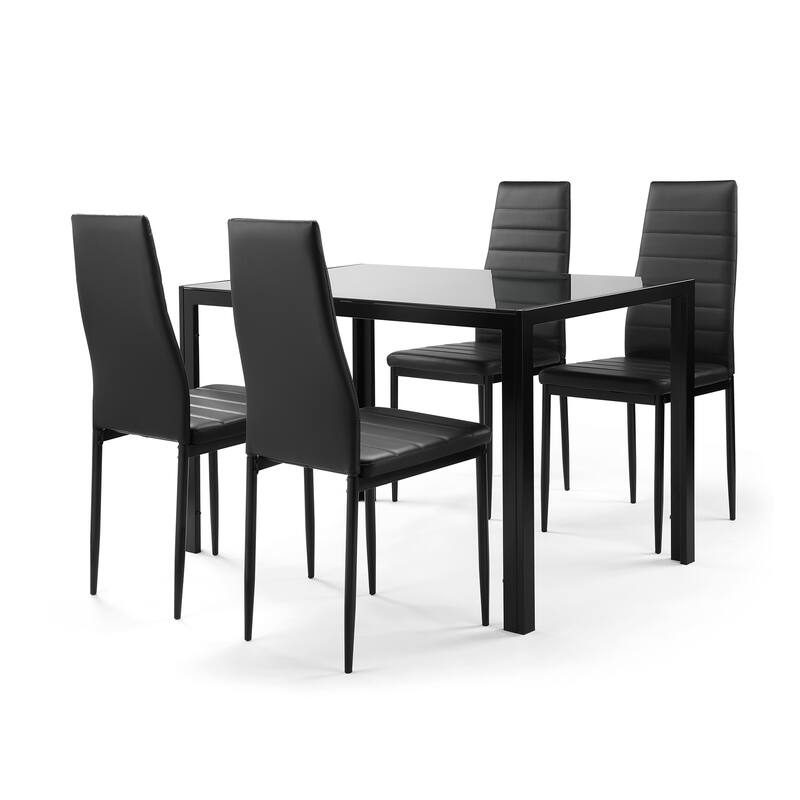 Modern Dining Table Set with Tempered Glass Tabletop and 4 Faux Leather Chairs, for Living Room and Kitchen, 5-Piece Set, Black