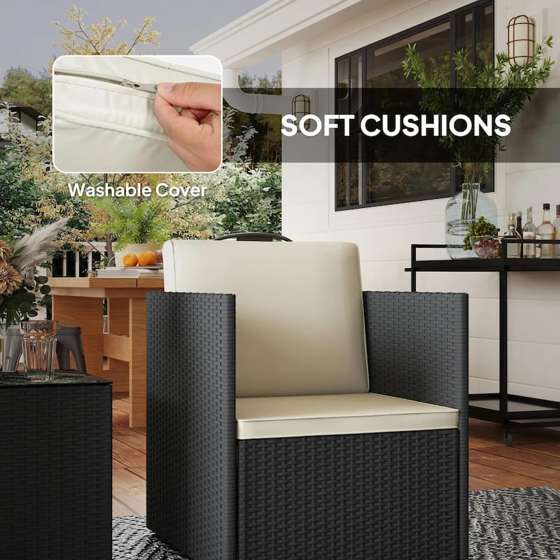 Folding Wicker Bistro 3-Piece Outdoor Set with Cushions and Glass Top